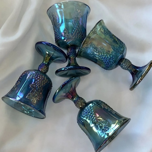 FOUR Vintage Colony by Indiana Glass Blue Harvest Carnival Glass Goblets MINT! - Picture 5 of 12